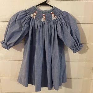 Viva La Fete Blue Gingham Longsleeved Snowman Smocked Dress, Size 2